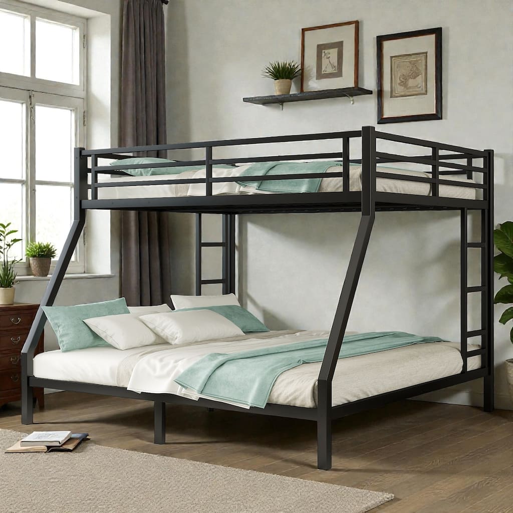 Metal Queen Over King Bunk Bed for Teens and Adults, Noise Reduced Heavy Duty Bunk Bed No Box Spring