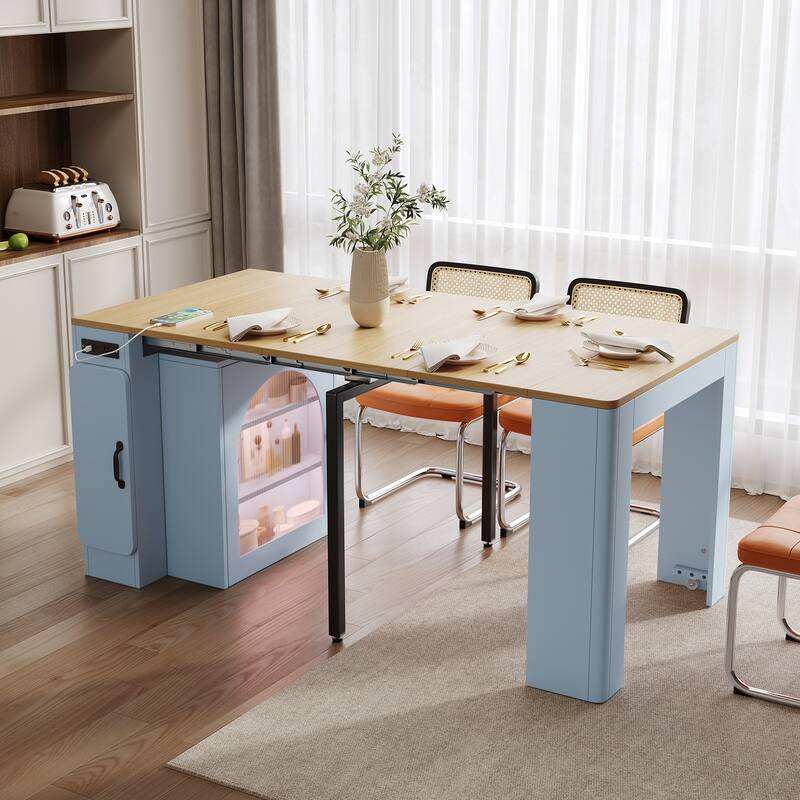 Roomfitters Extendable Dining Table, Mobile Kitchen Island, Rolling Storage Cabinet with Power Outlet - Grey-Blue+Natural