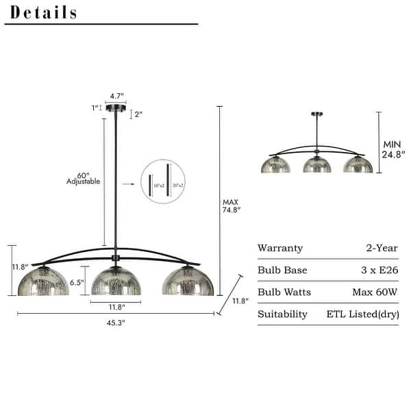 dimension image slide 1 of 4, Modern 1/3-Light Black Chandelier with Mercury Glass Kitchen Island Light Fixture for Dining Room