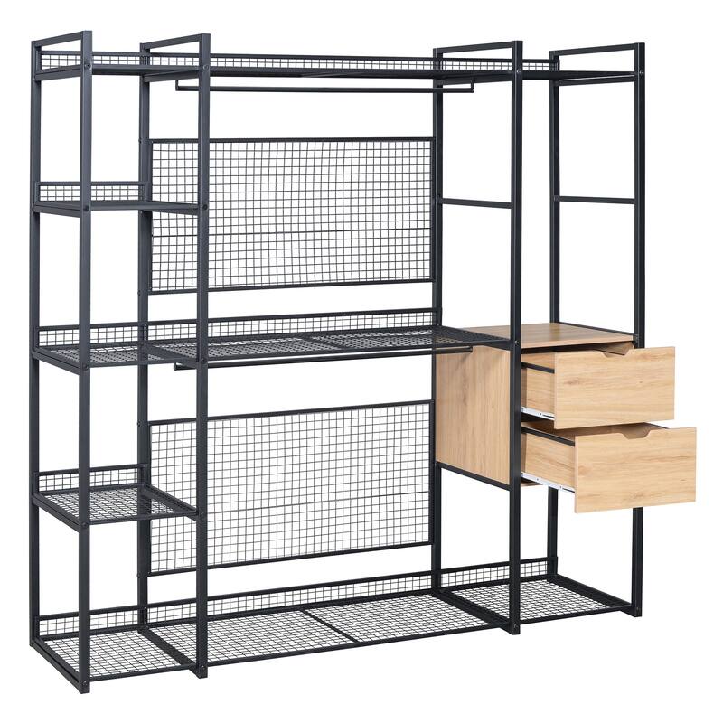Open-Style Wardrobe with Hanging Rails, Shelves and Drawers - N/A