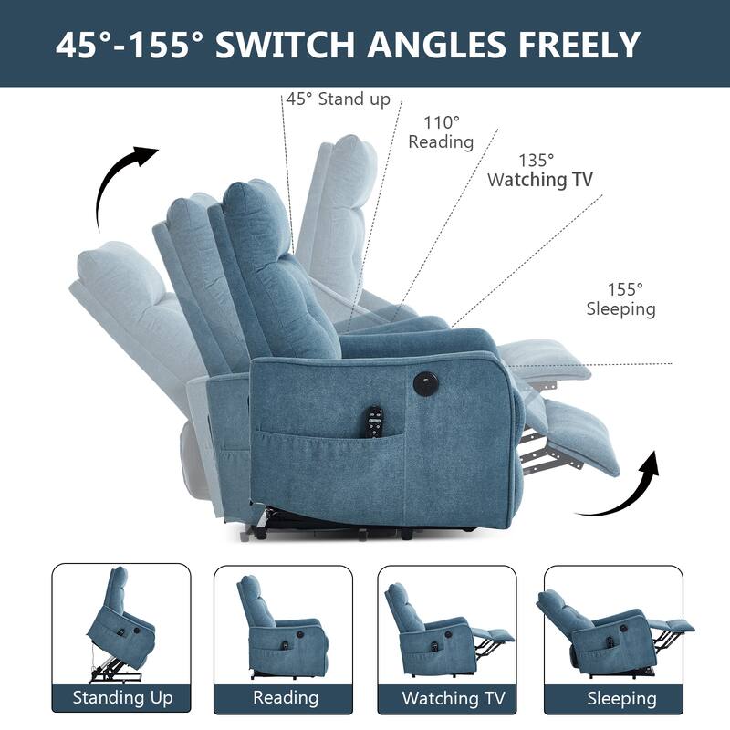 Single Motor Power Lift Recliner with USB Port and 155 Degree Recline