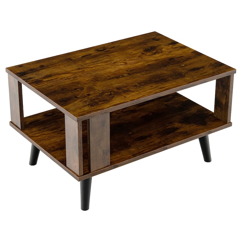 Wood Rectangle Coffee Table 2 Tier Tea Table with Open Storage Shelf - Rustic Brown, Black