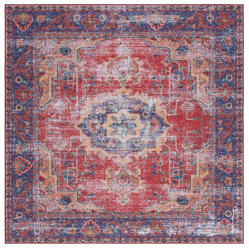SAFAVIEH Tucson Machine Washable Slip Resistant Khulud Traditional Rug - 6' Square - Red/Navy
