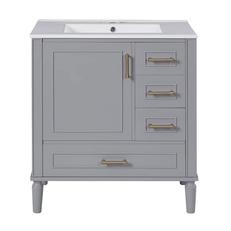 30inch Bathroom Vanity with Ceramic Sink, Soft-Close Door & 3 Drawers - Gray