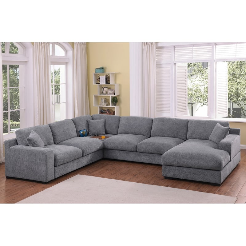 Celine 128"W Light Gray Chenille Fabric Corner Sectional Sofa with Right-Facing Chaise, Cupholders, and Charging Ports