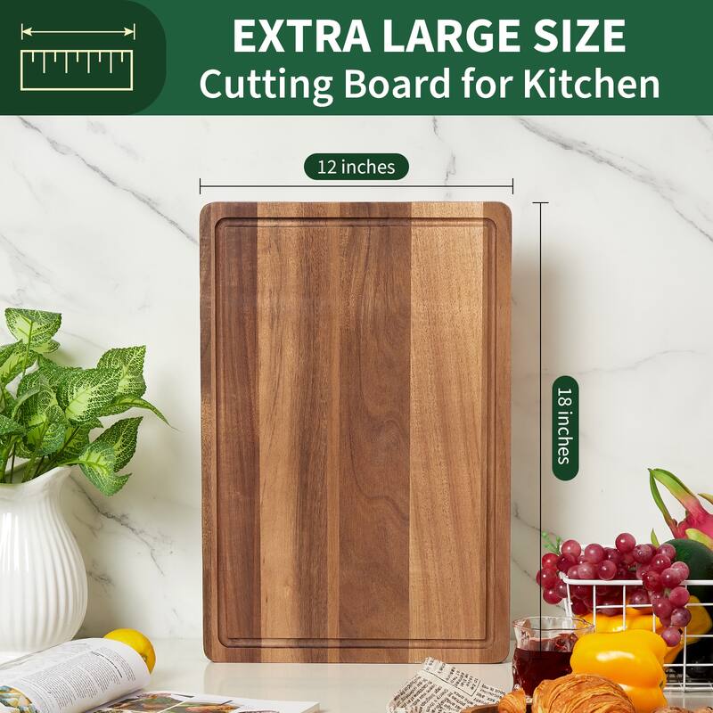Acacia Wood Chopping Board with Deep Juice Grooves & Side Handles