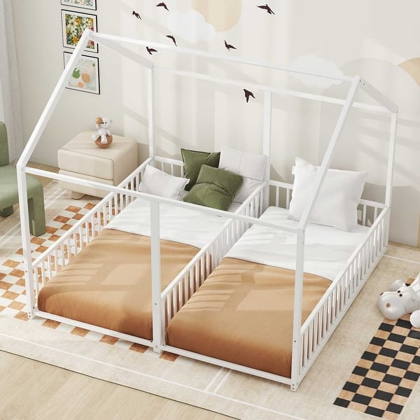 slide 2 of 13, Twin Metal House Bed with Two Shared Beds, Guardrails & Roof Design, White White
