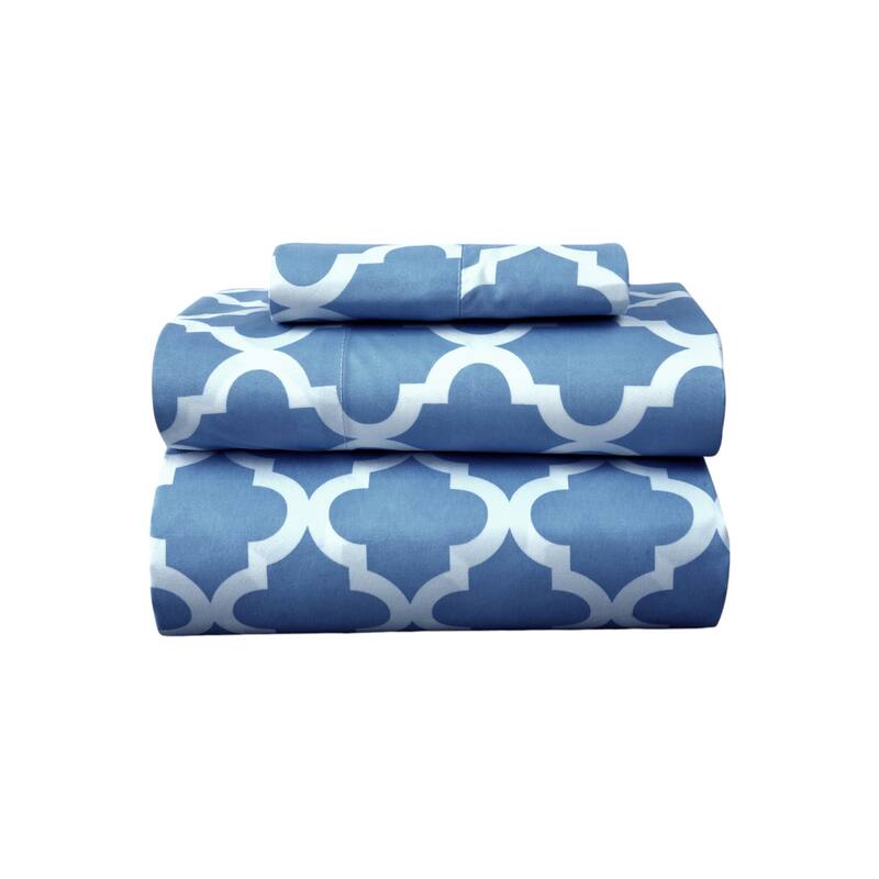 Three Piece Blue and White Quatrefoil Microfiber Twin XL Sheet Set