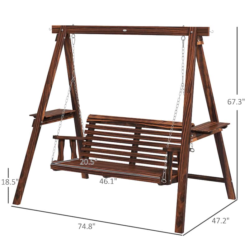 Outsunny 2-Seat Porch Swing Loveseat with Stand and Side Tables, Wooden Patio Swing Chair, for Garden, Poolside, Backyard