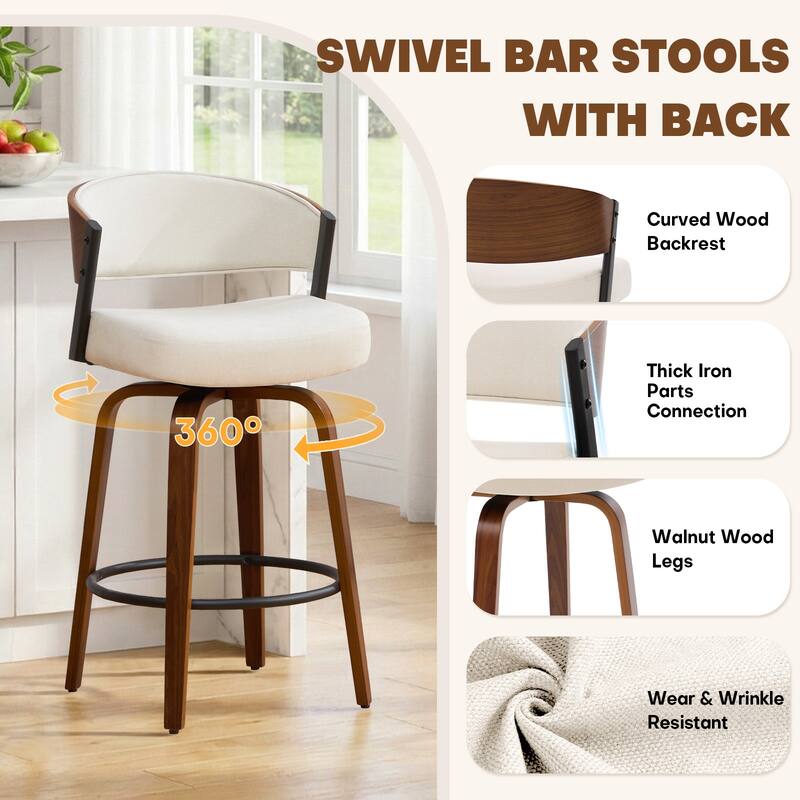Upholstered Swivel Counter Height Bar Stool with Curved Back and Bentwood Frame - 37.2"H x 19.1"W x 20.5"D