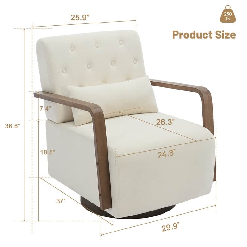 Solid Wood Swivel Accent Chair with Armrests and Lumbar Pillow - 360° Rotation