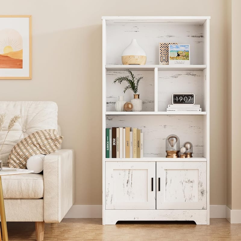 5-Tier Bookshelf with Cabinet and 2 Drawers, Standing Bookcase Display Rack for Bedroom, Living Room, or Home Office
