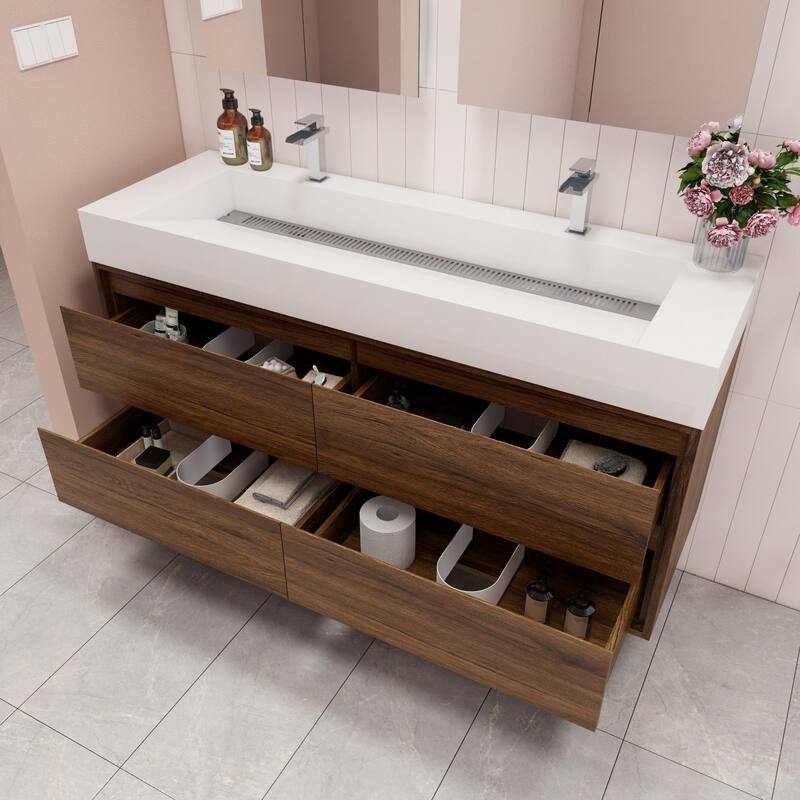 Victoria 60" Wall Mounted Modern Vanity with Double Acrylic Sink
