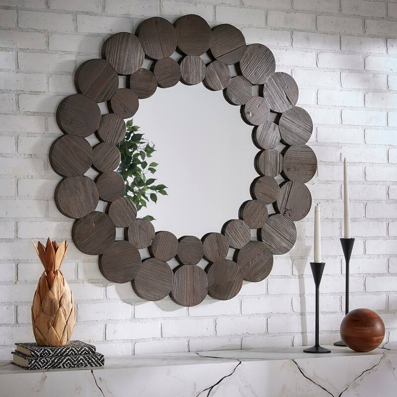 Joshua Dark Brown Reclaimed Wood Round Wall Mirror by iNSPIRE Q Artisan