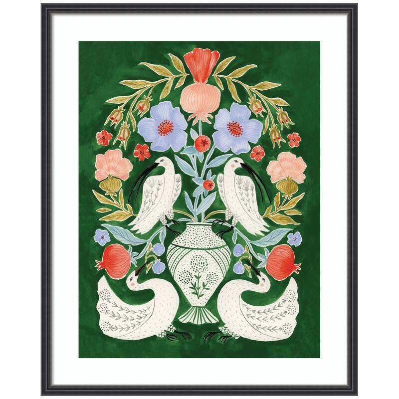 Kate and Laurel Floral Folklore Ibises and Swan by Jill Labieniec Framed Wall Art Print - 34 x 42 - Black
