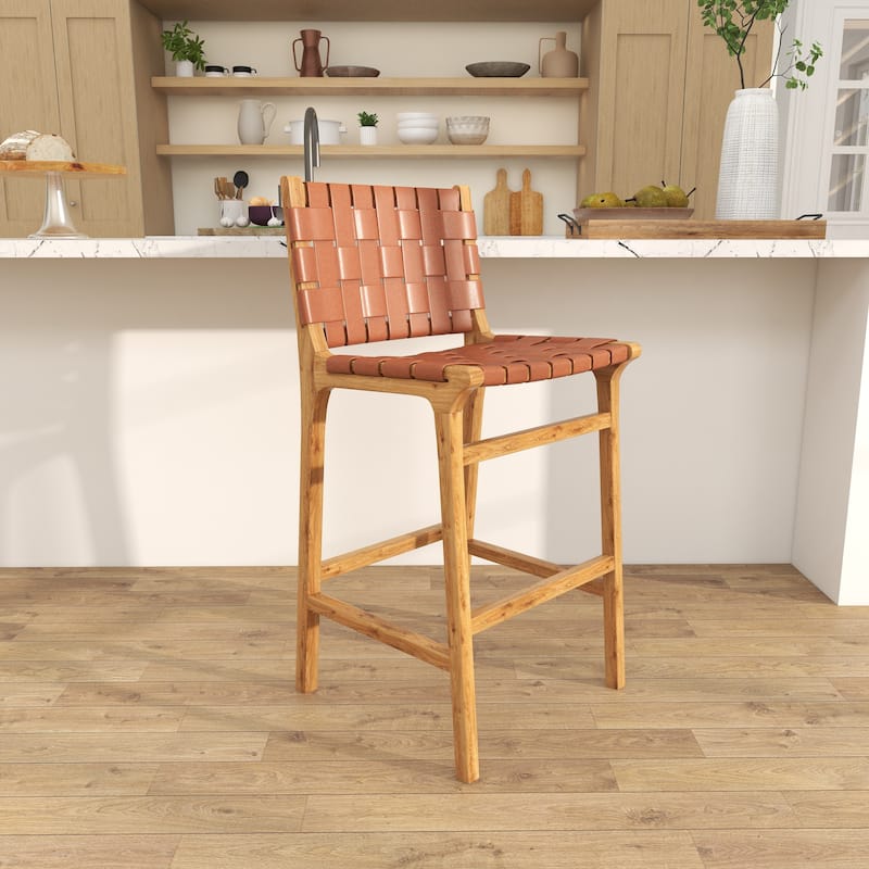 Camel Brown or Black Teak Wood Woven Leather Seat and Back Bar Stool with Beam Footrest