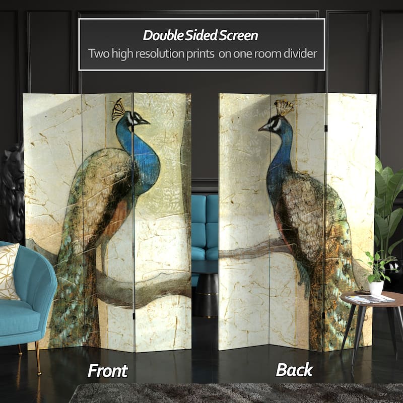 Handmade 6' Double Sided Peacocks Canvas Room Divider