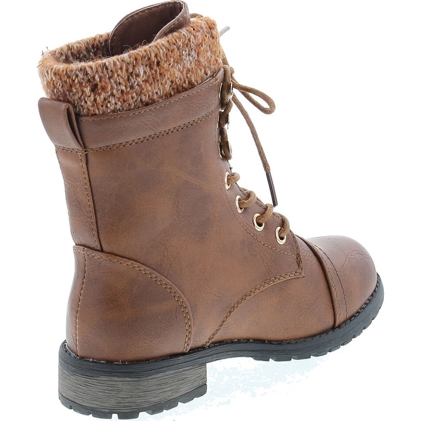 Kids Ankle Boots Knitted Cuff Casual Combat Lace Up Shoes Tan