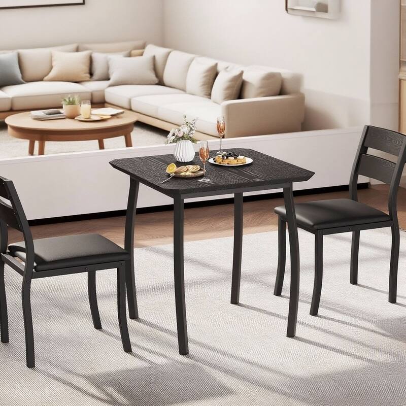 3 Piece Dining Table Set, with Metal Frame & Wood Tabletop - Black
