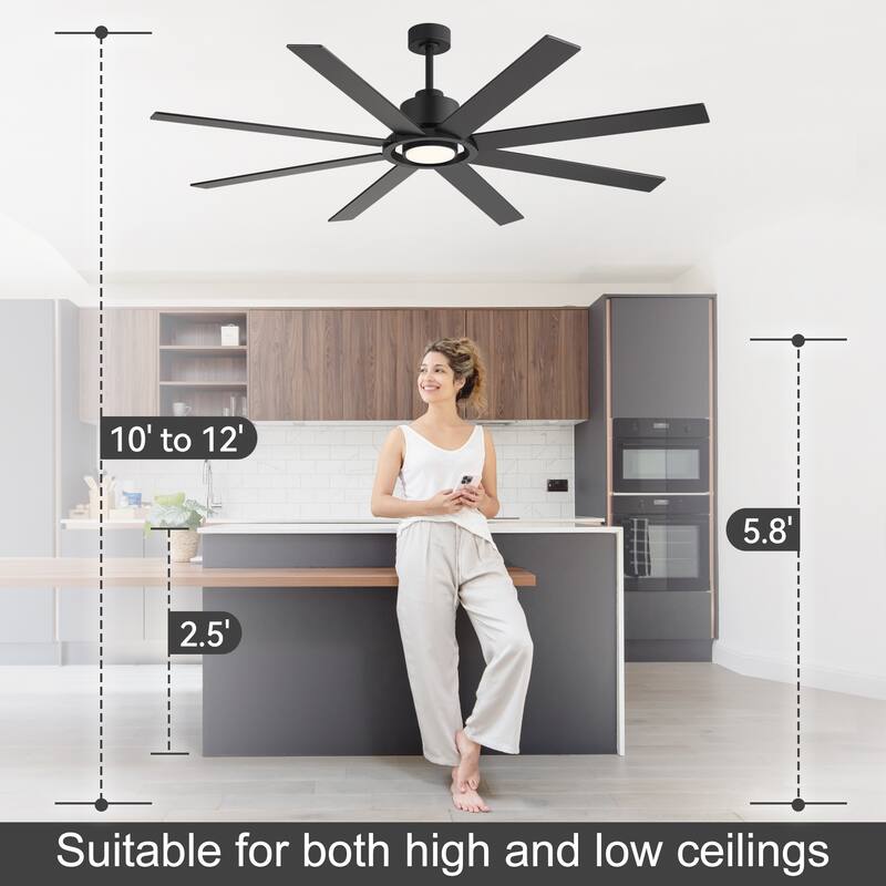 72 Inch 8-Blade Large Ceiling Fan with Dimmable LED Light and Remote