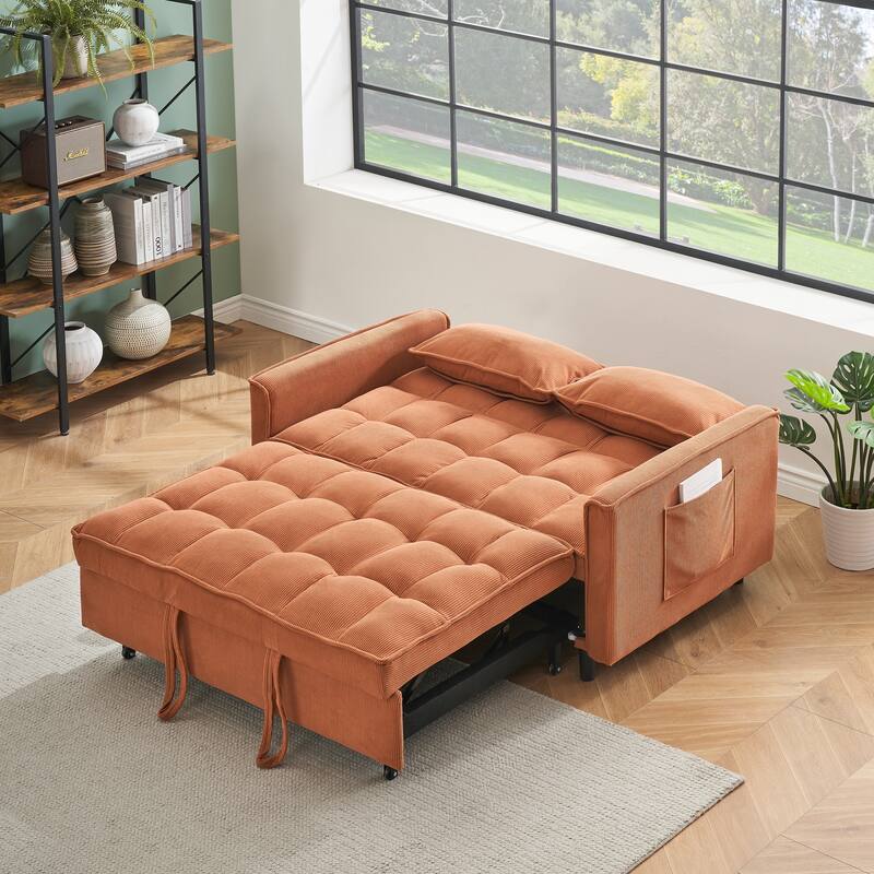 Corduroy Pull Out Loveseat Sofa Convertible Sleeper Love Seat Bed Adjustable Backrest Tufted Couch w2 Pillo & Pockets