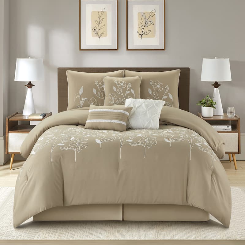Nanshing Taylor 7 Piece Floral Botanical Comforter Set - California King - Taupe