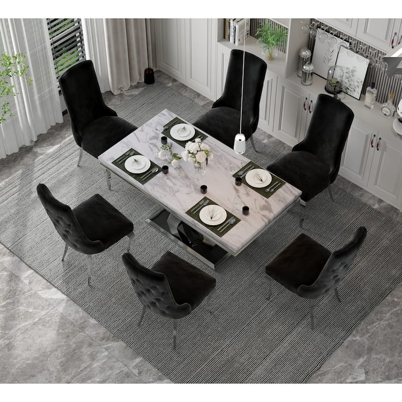 Silver Dining Room Table Set with 65 inch Table and Black Velvet Dining Chairs