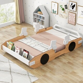 Fun Twin Racing Car Bed with Adjustable Backrest, Storage Rack, and Liftable Doors, Sturdy Wood Frame