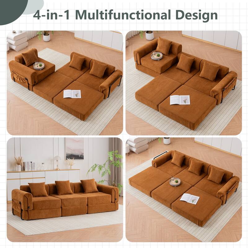 Folding Recliner Sofa 3-seater Straight Row Sectional Sofa Convertible Sleeper Sofa Bed, Fold Out Floor Couch Modular Sofa
