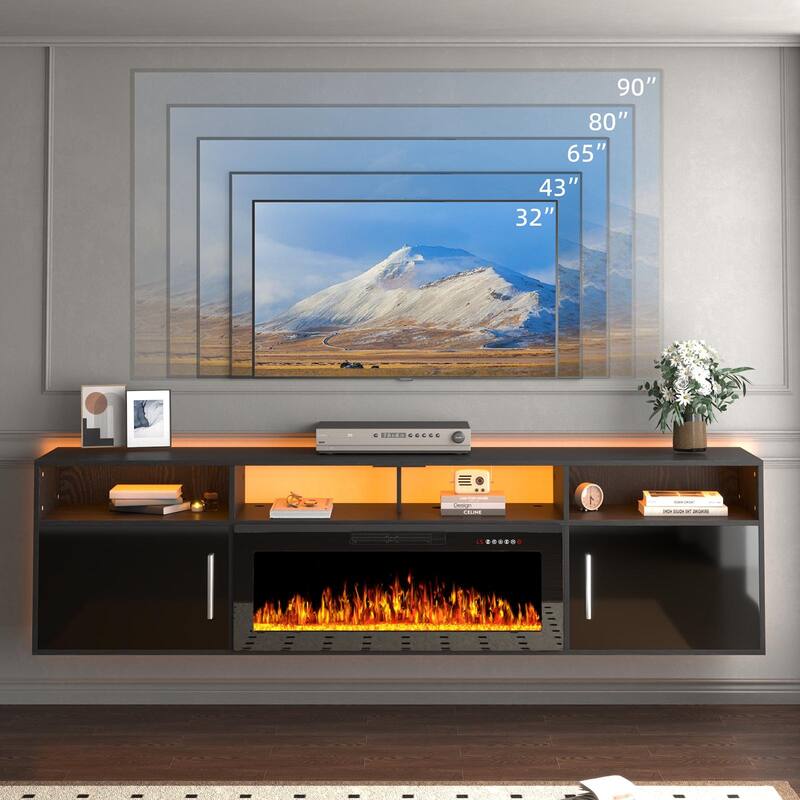 BOSSIN 80" Floating TV Stand with 36" Electric Fireplace, High Gloss Finish Wall Mounted Fireplace TV Stand with Storage
