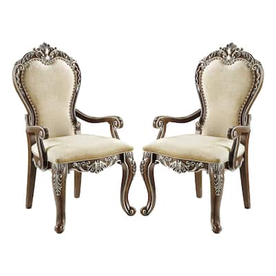 Set of 2 Chenille Padded Dining Arm Chair in Antique Oak and Beige