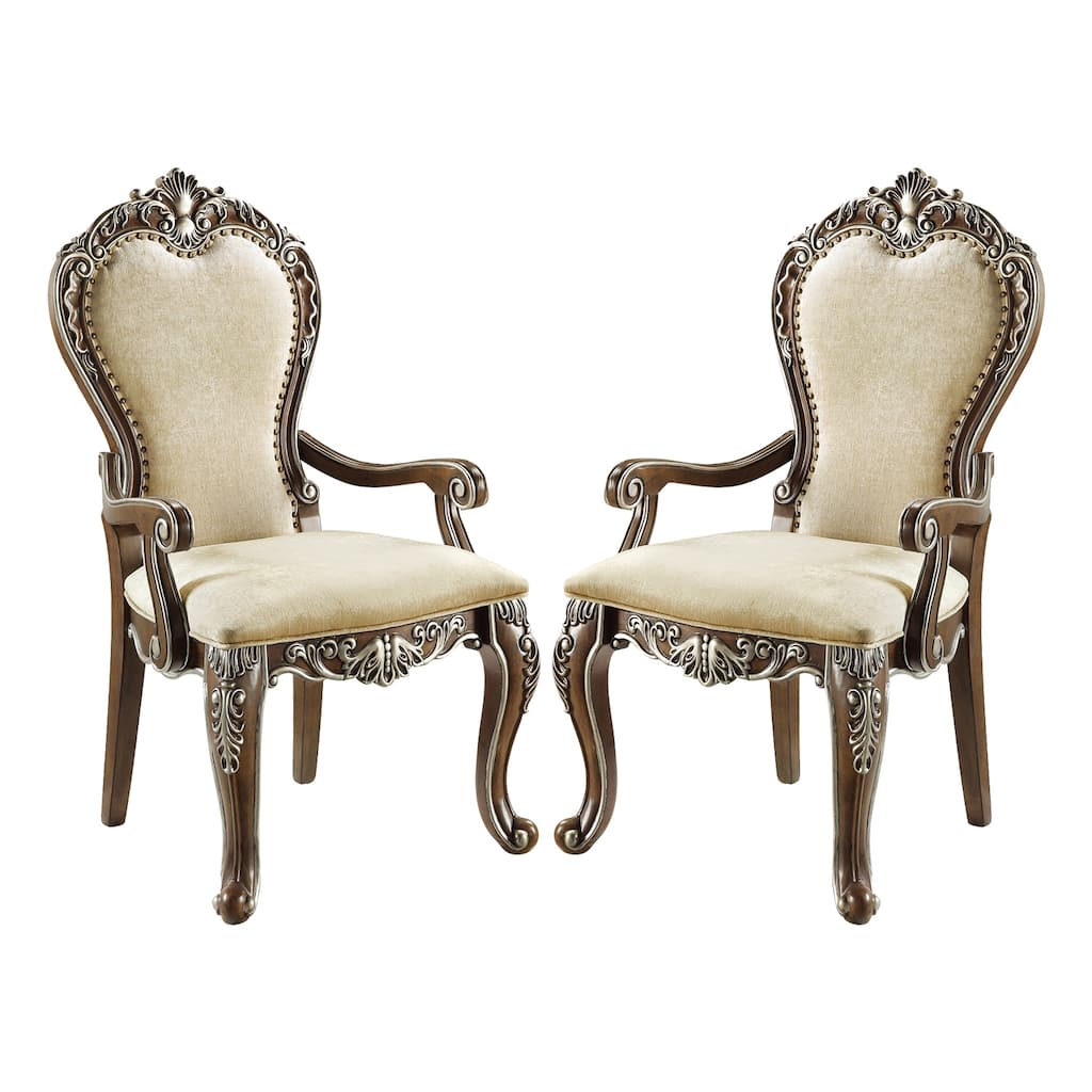 Set of 2 Chenille Padded Dining Arm Chair in Antique Oak and Beige