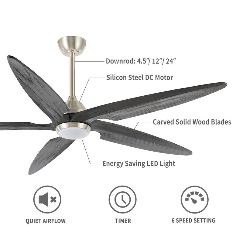 GetLedel 64" Solid Wood 5-Blade Dimmable LED Ceiling Fan with Remote and Light