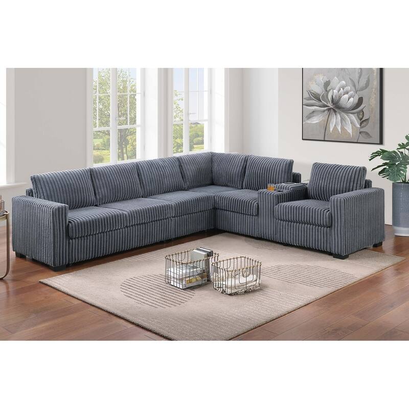 119" Modern L-Shaped Corduroy Sectional Sofa with USB Ports and Cup Holder - Dark Grey