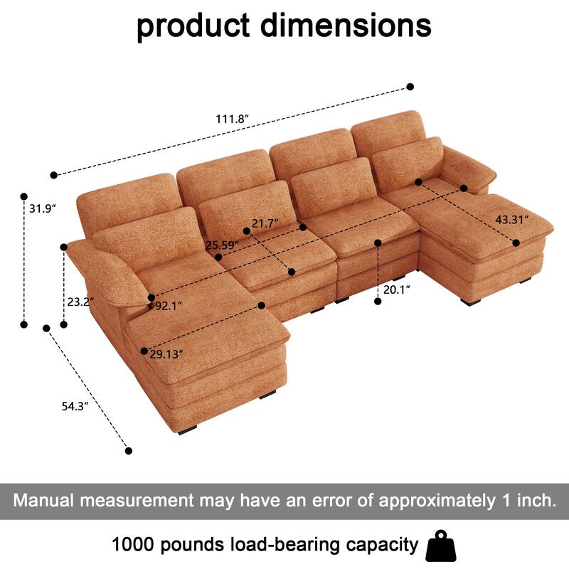 U-Shaped 111.8" Cloud Combo Sofa 4-Seater Chenille Fabric Sofa with Arms
