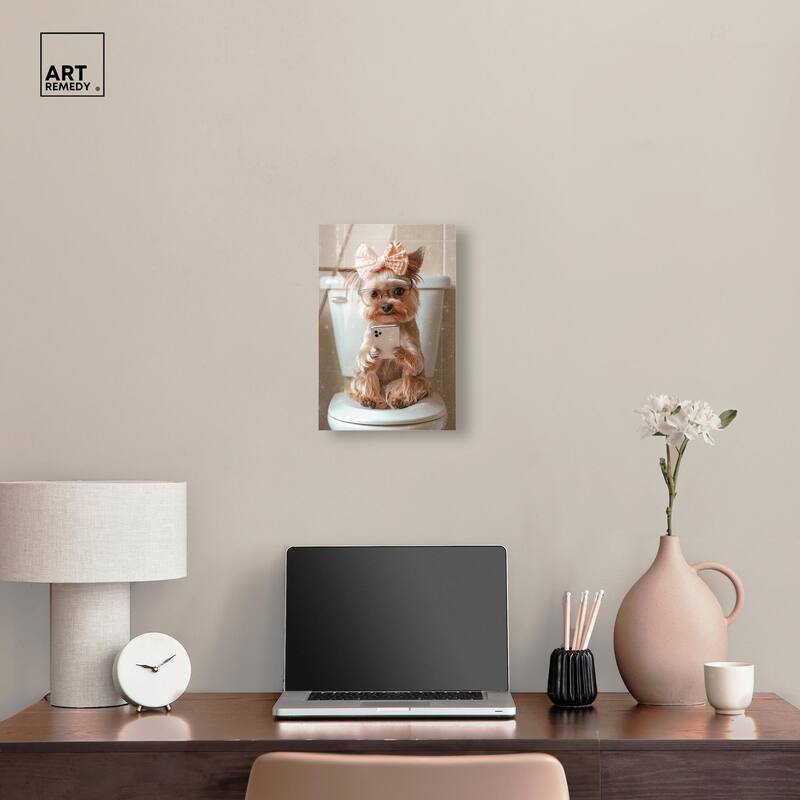Cute Yorkie on the Toilet Acrylic by Art Remedy, Ready to Hang