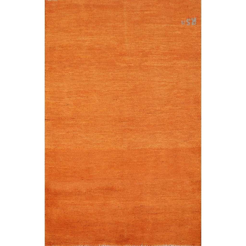 Modern Orange Gabbeh Oriental Rug Hand-Knotted Wool Carpet - 3'1" x 4'8"