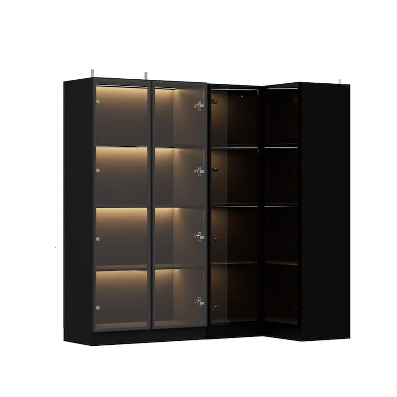 Black Glass Door Corner and Standard Cabinet Set with Lights Strips