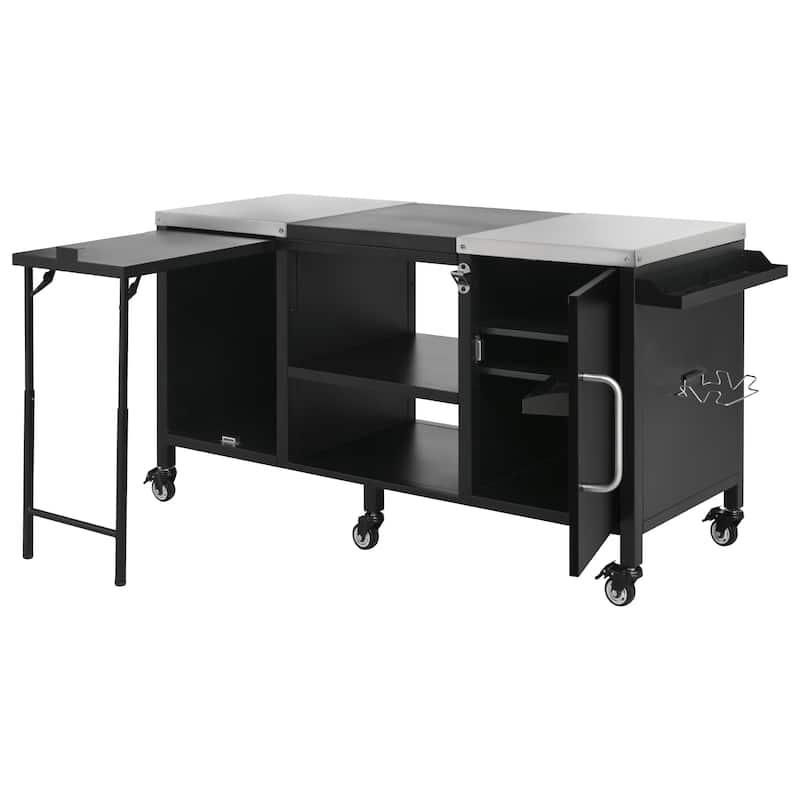 72.4" Large Grill Table Cart for Big Green Egg - Metal Outdoor Kitchen Island with Fold-out Prep Table & Adjustable Shelves