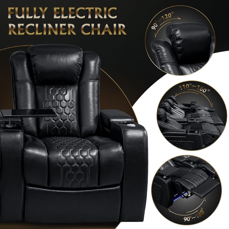 Roomfitters 124.4" Power Recliner 4-Piece Set, Top-Grain Nappa Leather, 19-Color RGB LED & USB-C Charging, Black