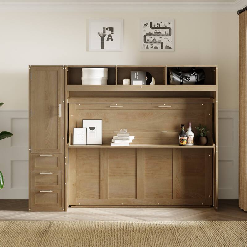 Full Size Murphy Bed with Wardrobe,Drawers and Open Shelves