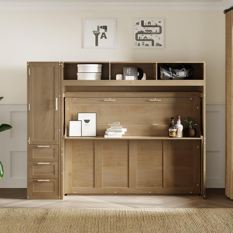 Wood Full Murphy Bed with Wardrobe, Drawers, and Open Shelves