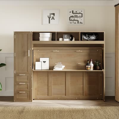 Wood Full Size Murphy Bed, Storage Murphy Bed Frame with Wardrobe, 3 Drawers and Top Shelves, No Box Spring Needed