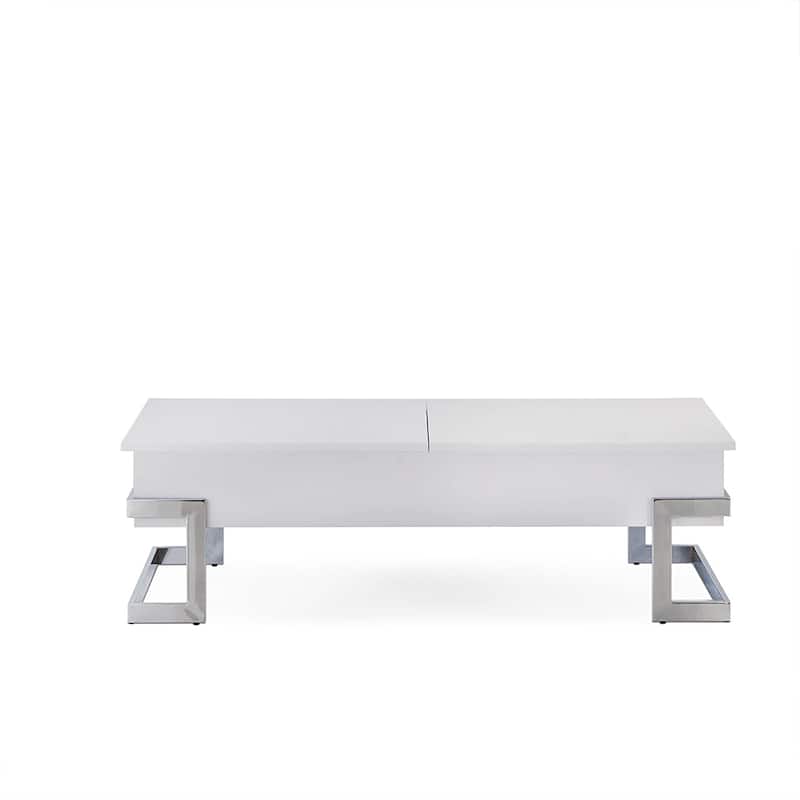47-Inch White and Silver Lift Top Coffee Table with Metal Sled Base - 47” x 20” x 14”