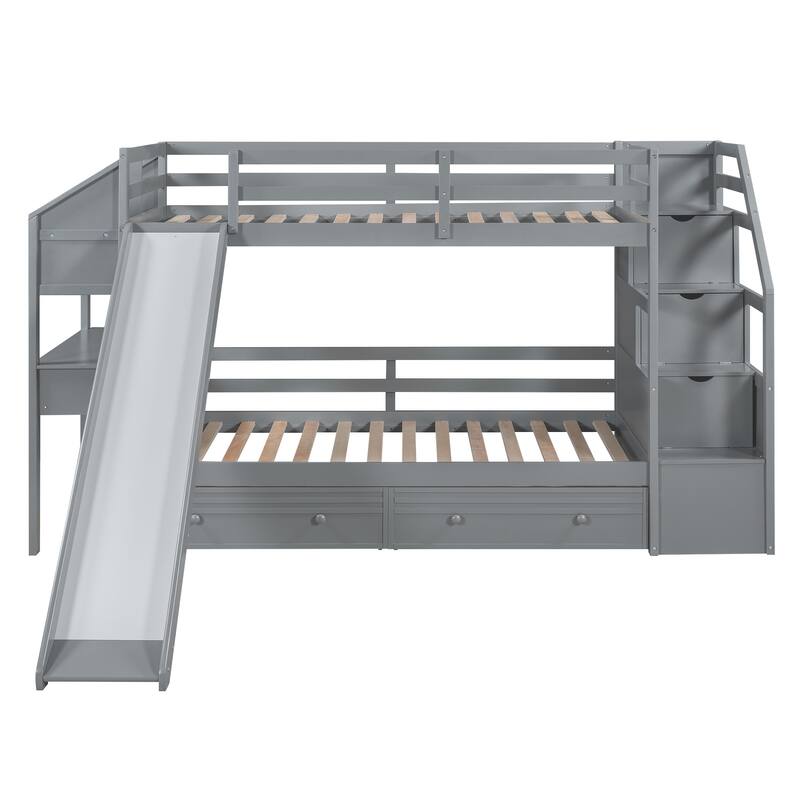 Twin Over Twin Bunk Bed with Slide, Desk, Drawers, and Storage Staircase