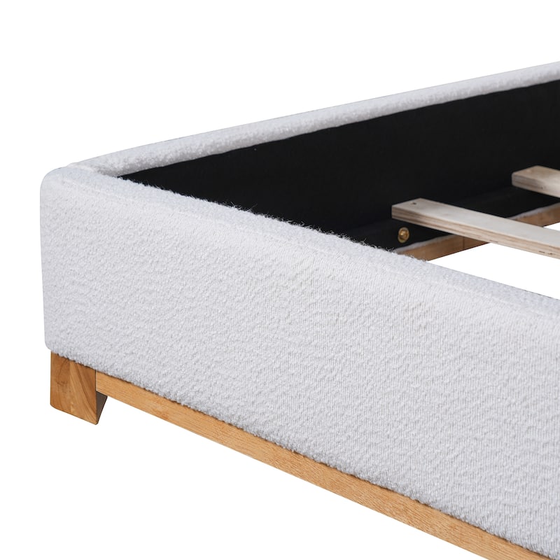White Platform Bed Wingback Frame with Boucle Upholstered Curved Headboard, Solid Wood Base Low Profile Bed