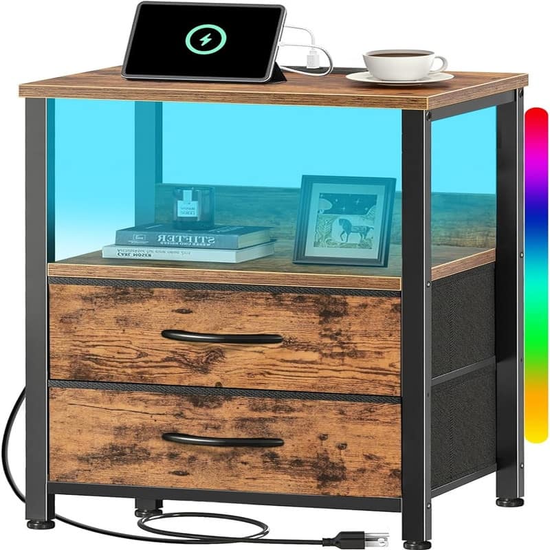 Nightstand with Charging Station - Rustic Brown