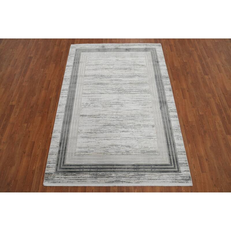 Machine Made Oriental Polyester Carpet Geometric Greys & Charcoal Distressed Area Rug - 7' 5'' X 5' 2''