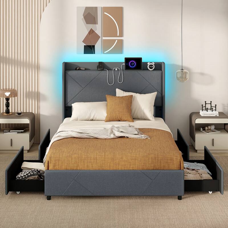 Gymax Bed Frame w/LED Lights Charging Station 2 Storage Pockets & 4