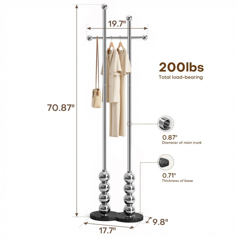 Metal Freestanding Coat Rack with Heavy Duty Marble Base - 70"H x 19.7"W (top) × 17.7"(base) x 9.8"D